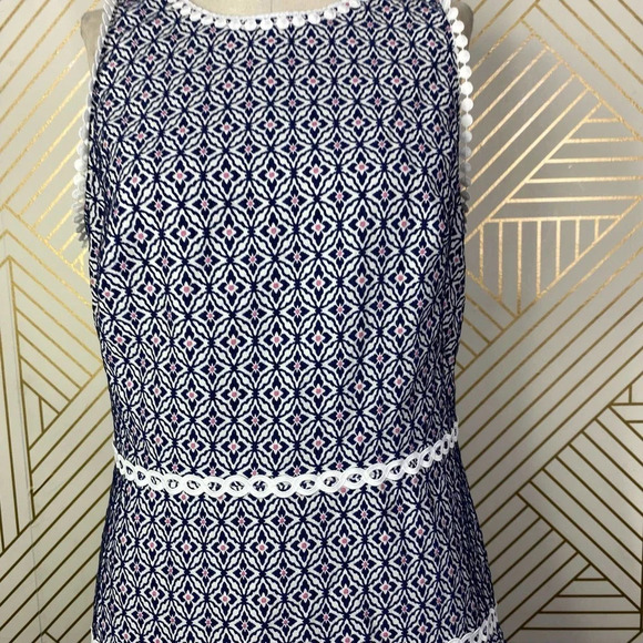 Anthropologie Monique Lhuillier Meagan Dress Geometric Navy Blue White Size 12 - Picture 5 of 12